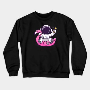 Cute Astronaut On Flamingo Swimming Tires And Orange Juice Cartoon Crewneck Sweatshirt